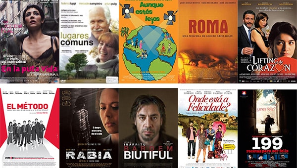 Carteles de las películas latinoamericanas: En la puta vida, Lugares comunes, Aunque estéis lejos, Roma, Lifting del corazón, El método, Rabia, Biutiful, Onde está a felicidade y 99 recetas para ser feliz.