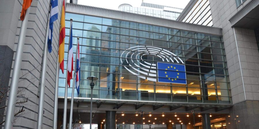 One of the entrances to the European Parliament building in Brussels. The glass façade displays the Parliament's logo and the flag of the European Union. On the left side of the grey building, several flags of the Member States.