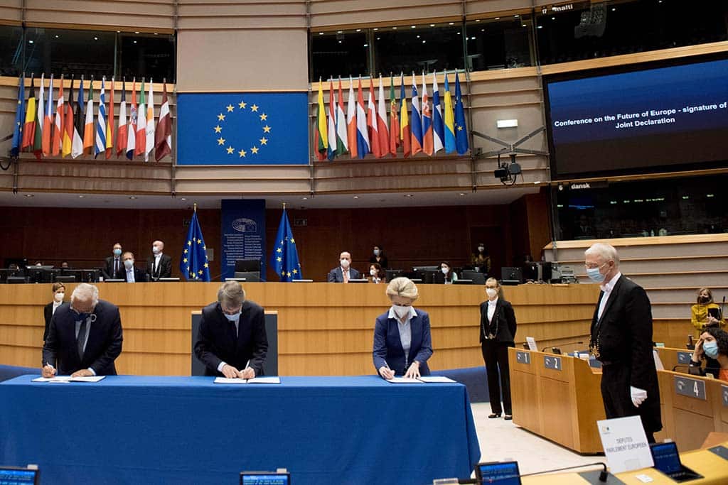 Can the Conference on the Future of Europe prevent another #SofaGate? Signature of the Joint Declaration on the Conference on the Future of Europe (António Costa, David Sassoli, and Ursula von der Leyen). Photo: Etienne Ansotte / ©European Union, 2021. EC - Audiovisual Service