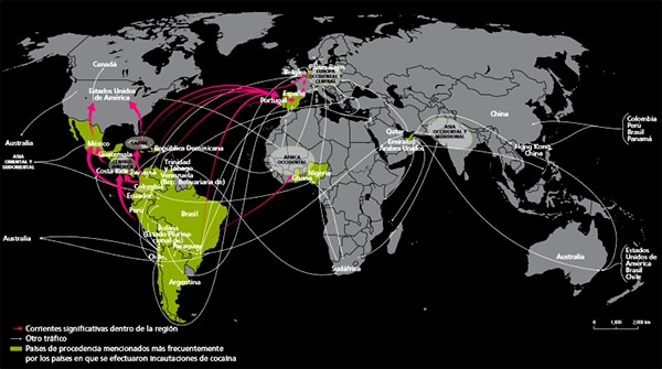 Principales corrientes de tráfico de cocaína, 2011-2015. Fuente: Informe Mundial sobre Drogas de 2017, UNODC.