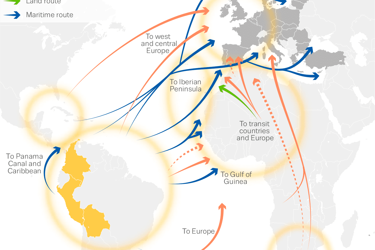 Principales flujos de tráfico de cocaína hacia Europa (detalle). Mapa: EMCDDA y Europol