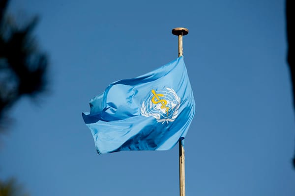 Bandera de la OMS en su sede en Ginebra (Suiza). Foto: Eric Bridiers/United States Mission Geneva (CC BY-ND 2.0)