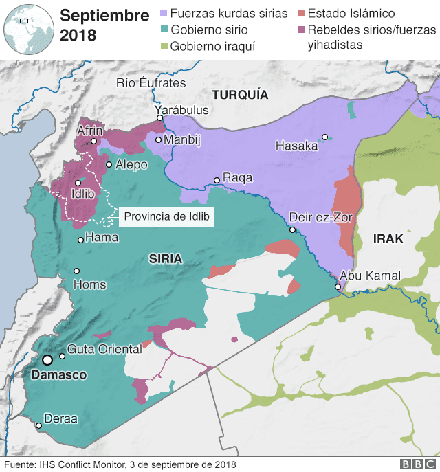 Mapa de la distribución de las fuerzas en el conflicto en Siria (a septiembre de 2018) y ubicación de la provincia de Idlib. Fuente: IHS Conflict Monitor vía BBC.com. Blog Elcano