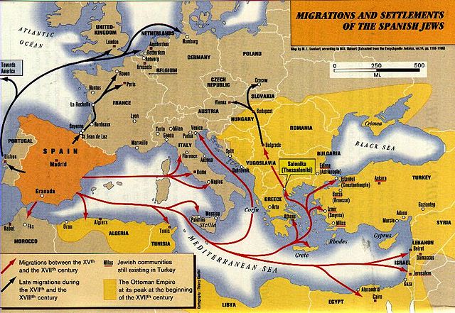 Migrations and Settlements of the Spanish Jews (Sephardim). Map: Universal Life via Wikimedia Commons. Creative Commons License Attribution-ShareAlike. Elcano Blog