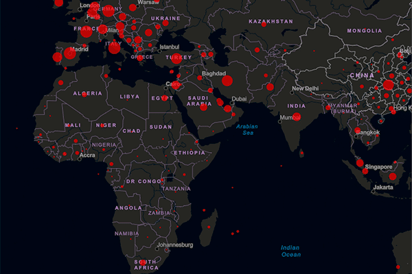 Propagación del coronavirus (COVID-19) en África (abril 2020). Mapa de calor del Center for Systems Science and Engineering (CSSE) de la Universidad John Hopkins.