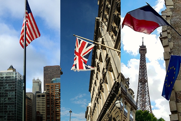 Los mejores países para la internacionalización de la empresa española. Banderas de EEUU, Reino Unido y Francia. Fotos: Jeremy Keith (CC BY 2.0), James Curno (CC BY 2.0) y atl10trader (CC BY 2.0). Blog Elcano