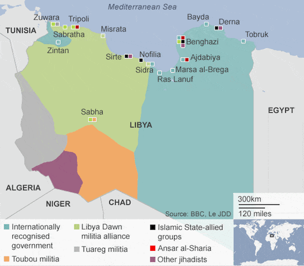 Mapa de las bases de los poderes rivales en Libia (febrero de 2015). Fuente: BBC, Le JDD vía BBC.com. Blog Elcano