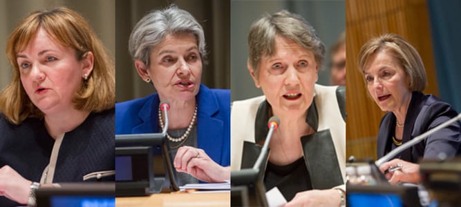 Woman with leadership skills needed for complex global organisation. Main female candidates to the UN Secretary General (from left to right): Natalia Gherman, Irina Bokova, Helen Clark and Vesna Pusić. Photo: UN Photo / Rick Bajornas and Manuel Elias. Elcano Blog.