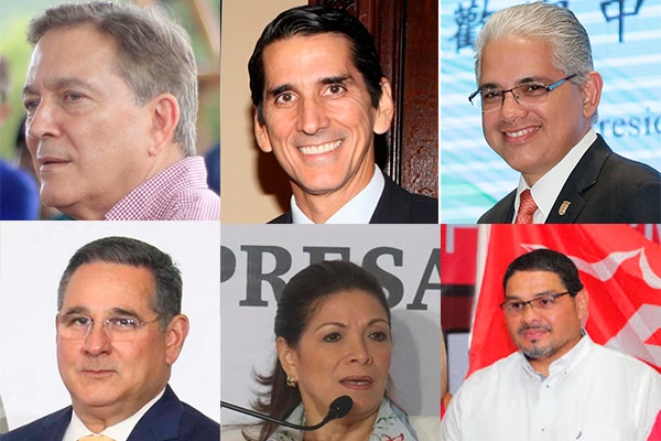 Seis de los siete candidatos a las elecciones presidenciales en Panamá. Créditos de las fotos en "Elecciones generales en Panamá de 2019" (Wikipedia)