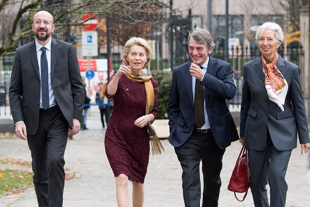 Charles Michel, Ursula von der Leyen, David Sassoli y Christine Lagarde durante la ceremonia del inicio de la nueva Comisión Europea y el 10º aniversario del Tratado de Lisboa. Foto: Etienne Ansotte / ©European Union, 2019. EC - Audiovisual Service. Blog Elcano