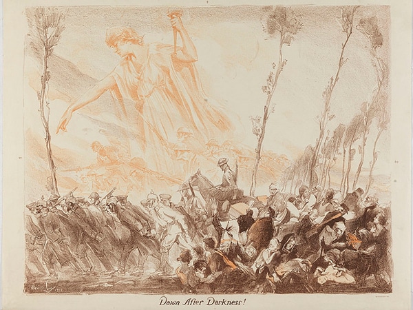 The decline of the West, 1918-2018. “Dawn after Darkness!”, lithography by Alexander Oscar Levy made toward the end of World War I. Image via Library Company of Philadelphia (No known copyright restrictions). Elcano Blog