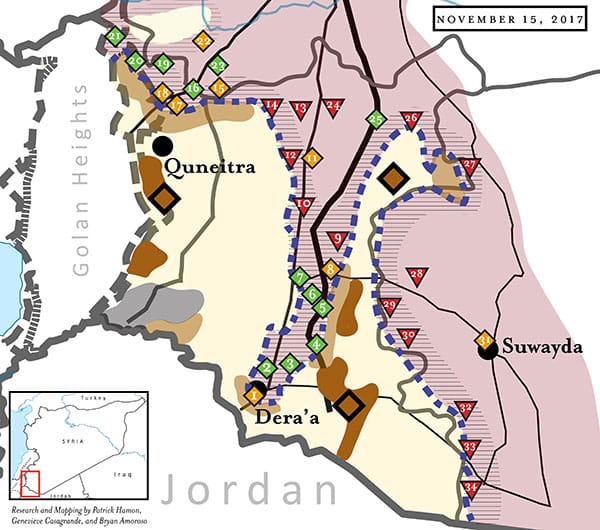 Hamza, ¿otro Bin Laden al frente de al-Qaeda?. Mapa de cese al fuego en el suroeste de Siria a 15 de noviembre a 15 de noviembre. Fuente: Institute of the Study of War.