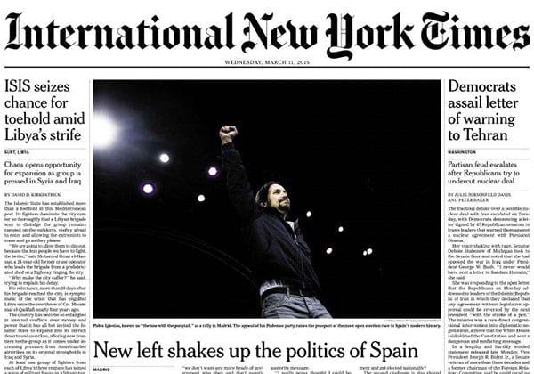 (Cover of the International New York Times, 22 March 2015)