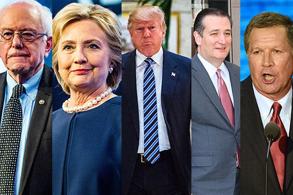 Primarias en EEUU 2016: Nueva York, Nueva York. De izquierda a derecha: Bernie Sanders, Hillary Clinton, Donald Trump, Ted Cruz y John Kasich. Blog Elcano