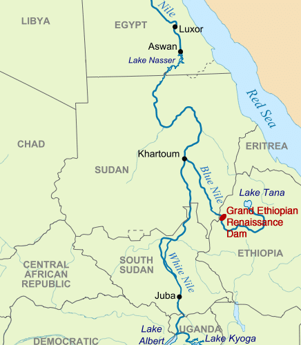 Proyecto de construcción de la Grand Ethiopian Renaissance Dam (GERD) . Mapa: Wikimedia Commons/Yale Environment 360. Blog Elcano