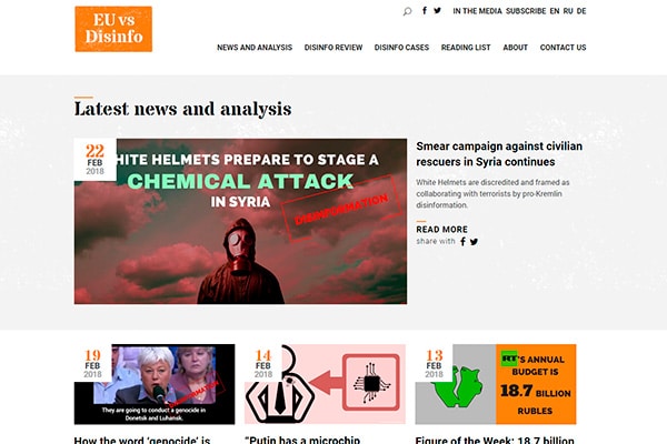 Strategic Communication (StratCom) policies. Screenshot of EU vs Disinfo website.