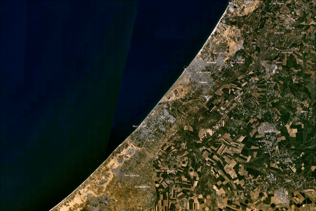 La franja de Gaza (Palestina) desde el espacio. Foto: NASA/NASA World Wind screenshot (Wikimedia Commons / Dominio público). Blog Elcano