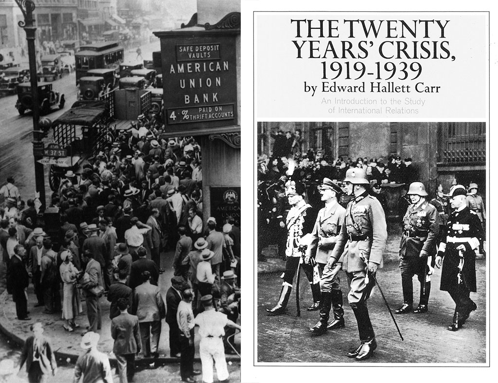 Muchedumbre en la sede del NewYork's American Union Bank (1931). Foto: Social Security History (Wikimedia Commons / Dominio público). Portada del libro La crisis de los veinte años (1919 – 1939), de Edward Hallet Carr. Carr. Blog Elcano