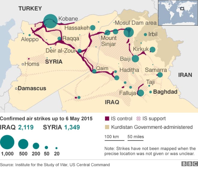 Ataques aéreos en Irak y Siria (confirmados a 6/5/2015). Fuente: Institute for the Study of War y US Central Command - BBC. Blog Elcano