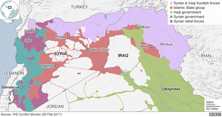 El páramo sirio continúa en llamas. Mapa de la distribución del Daesh en Irak y Siria (a 20/2/2017). Créditos: IHS Conflict Monitor-BBC. Blog Elcano