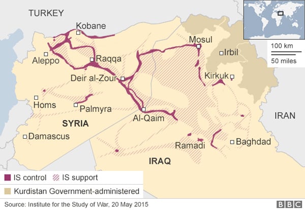 Zonas de control e influencia del Daesh en Irak y Siria a 20/5/2015. Fuente: Institute for the Study of War vía BBC.com. Blog Elcano