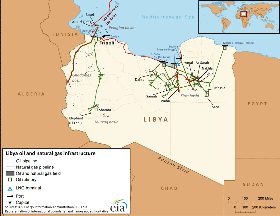 Map of Libya’s oil and natural gas infrastructure. Source: US Energy Information Administration (EIA) via Wikimedia Commons. Public Domain. Elcano Blog