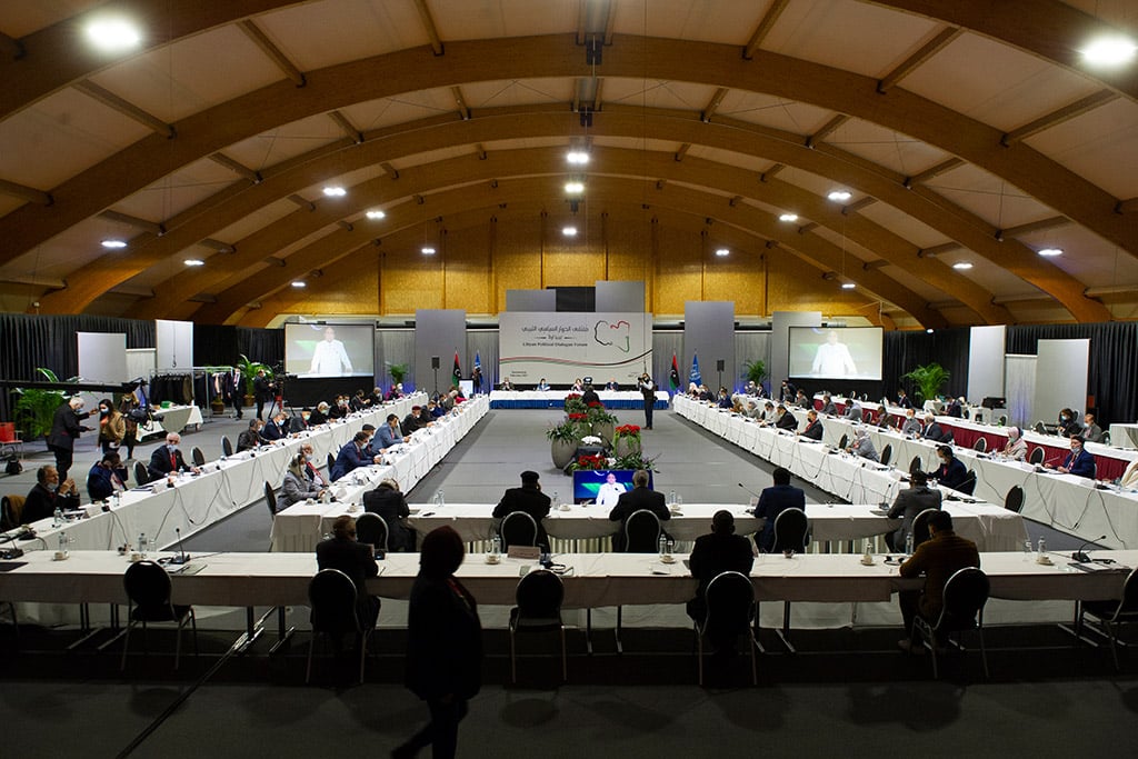 Plenario del Foro de Diálogo Político Libio (LPDF, pr sus siglas en inglés) reunido en Ginebra (Suiza) (2/2/2021). Foto: Libyan Political Dialogue Forum-UNSMIL. Blog Elcano