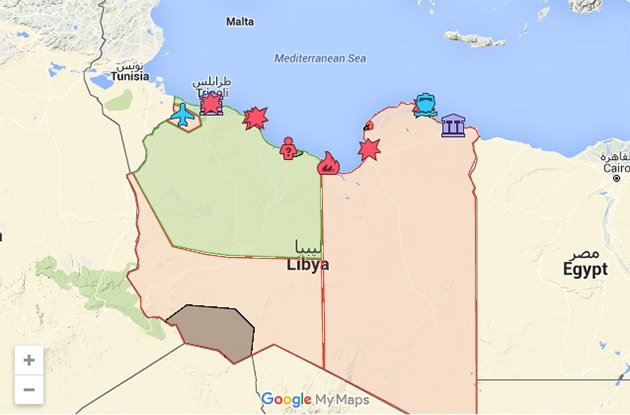 Mapa de la guerra civil en Libia (2014 al presente). Fuente: Conflict News. Blog Elcano