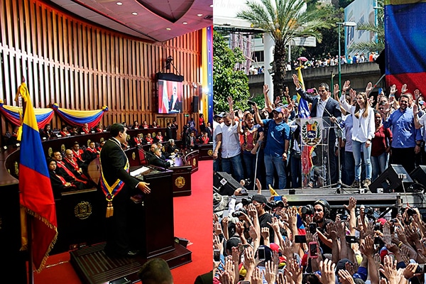 Nicolas Maduro ante el Tribunal Supremo de Justicia (10/2/2019). Foto: Presidencia El Salvador (Wikimedia Commons / Dominio público) - Juan Guaidó en la manifestación contra Maduro (2/2/2019). Foto: Alexcocopro (Wikimedia Commons / CC BY-SA 4.0).