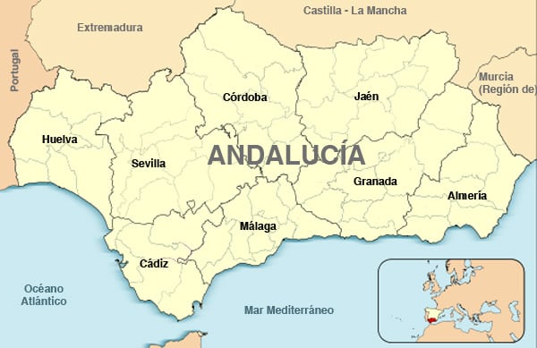 Ubicación y provincias de Andalucía / «Andalucía-loc» de Miguillen - Wikimedia Commons. Blog Elcano