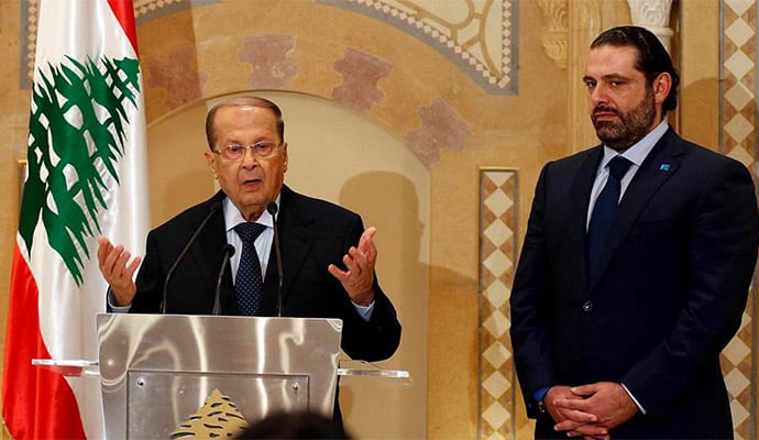 Michel Aoun (izquierda) y Saad Hariri (derecha) durante la conferencia de prensa del pasado 20 de octubre. Fuente: Euronews. Blog Elcano
