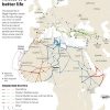 Mapa rutas de migraciones via Reuters Graphics. Blog Elcano