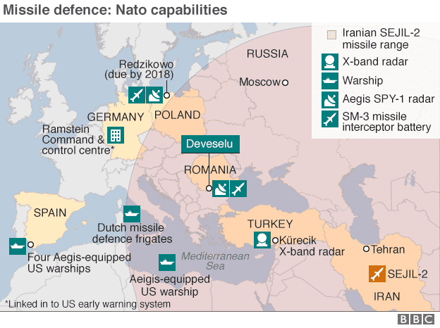 Escudo antimisiles. Mapa de las capacidades de defensa antimisiles de la OTAN. Fuente: BBC.com