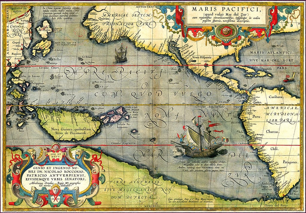 El legado español en Asia. Mapa del Océano Pacífico de Abraham Ortelius, con la nao Victoria. Dominio público.