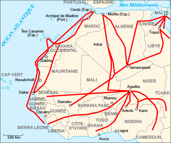 Migration routes from West Africa to Europe. Map: historicair / Wikimedia Commons (CC BY-SA 3.0)