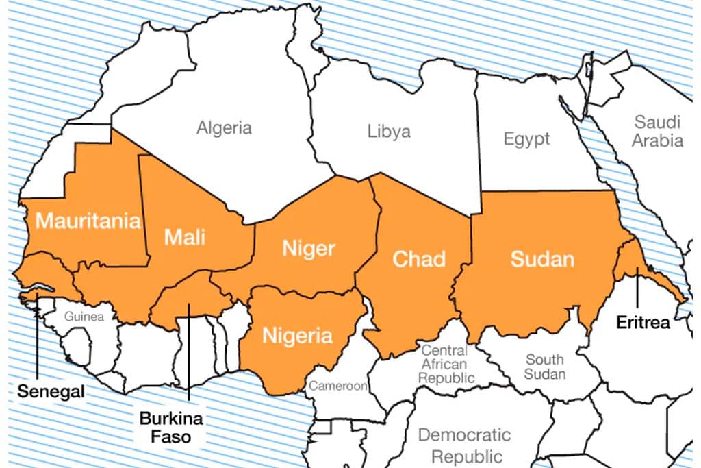 Mapa de los países de la región del Sahel. Créditos: The Conversation / Zenobia Ahmed (CC BY-SA). Blog Elcano