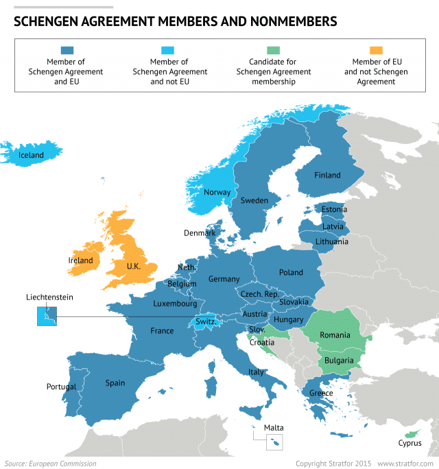 Mapa del espacio Schengen en Europa. Fuente: DG Migración y Asuntos de Interior - Comisión Europea vía Stratfor. Blog Elcano