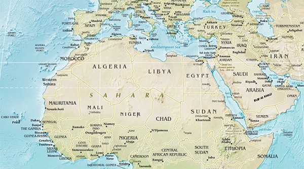 Map showing all the countries of the European Southern Neighbourhood. Map: CIA.