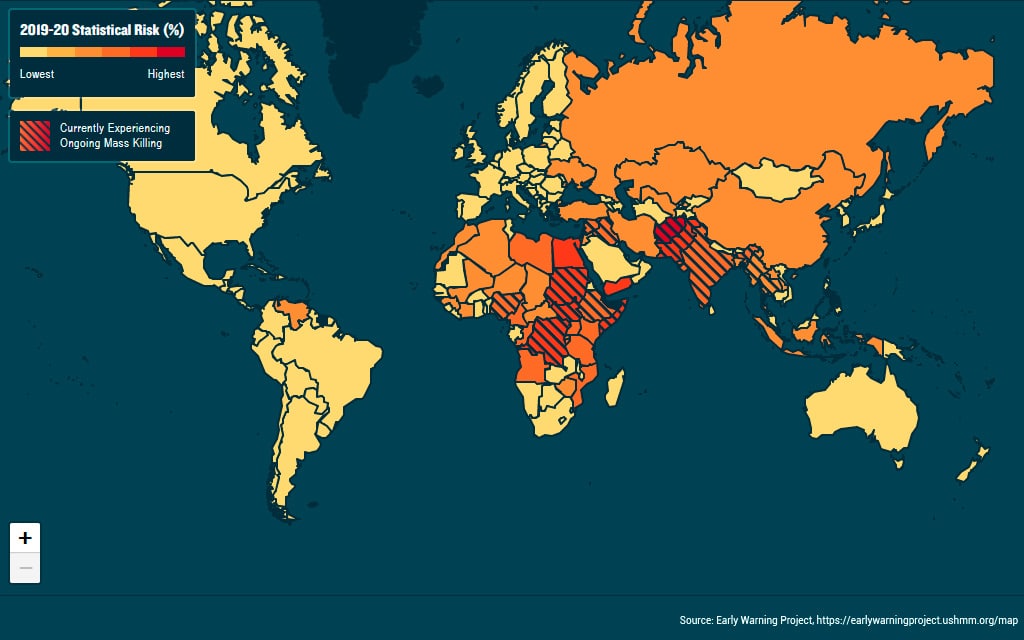 El presente de los futuros alternativos. Mapa de Evaluación de Riesgos Estadísticos de Asesinatos en Masa 2019-20. Fuente: Early Warning Project. Blog Elcano
