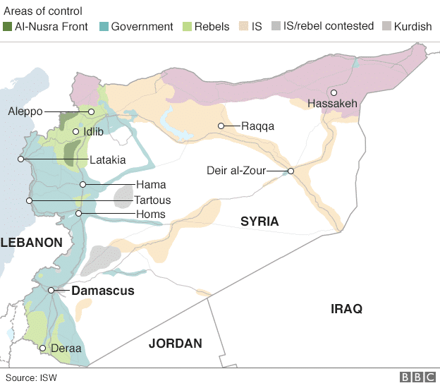 Mapa sobre el control del territorio en Siria (23/2/2016). Créditos: ISW-BBC. Blog Elcano