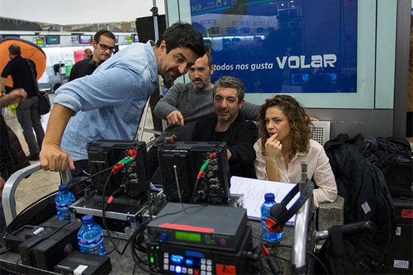 Cesc Gay, Javier Cámara, Ricardo Darín y Dolores Fonzi en el rodaje de "Truman" (2015). Foto: Impossible Films. Blog Elcano