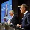 Donald Tusk (presidente del Consejo Europeo) y Jean-Claude Juncker (presidente de la Comisión Europea) en la rueda de prensa tras el Consejo Europeo extraordinario (Art. 50) en Bruselas (10/4/2019). Foto: © European Union. Blog Elcano