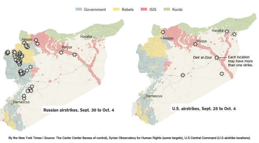U.S and Russian Airstrikes in Syria (September-October 2015). Image via The New York Times. Elcano Blog