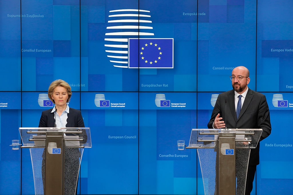 Urusula von der Leyen, presidenta de la Comisión Europea, y Charles Michel, presidente del Consejo Europeo, durante la rueda de prensa tras la videoconferencia de los líderes de la Unión Europea (10/3/2020). Foto: ©European Union, 2020