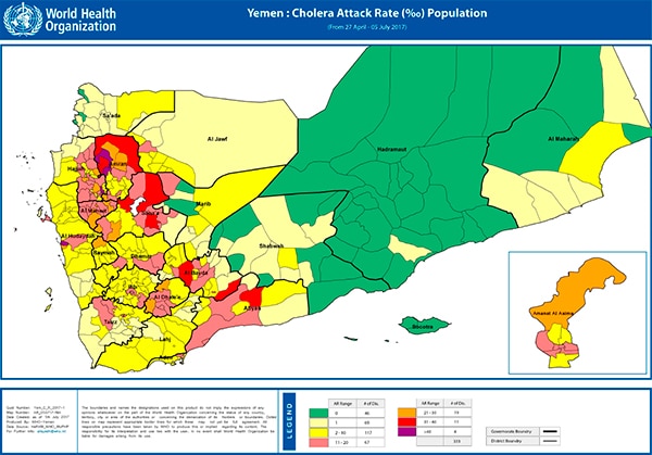Yemen: tasa de ataque de cólera (% población, 27 de abril a 5 de julio de 2017). Fuente: OMS. Blog Elcano
