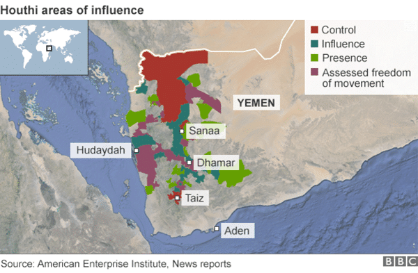 The Houthi movement’s area of influence. Source: BBC.com News.