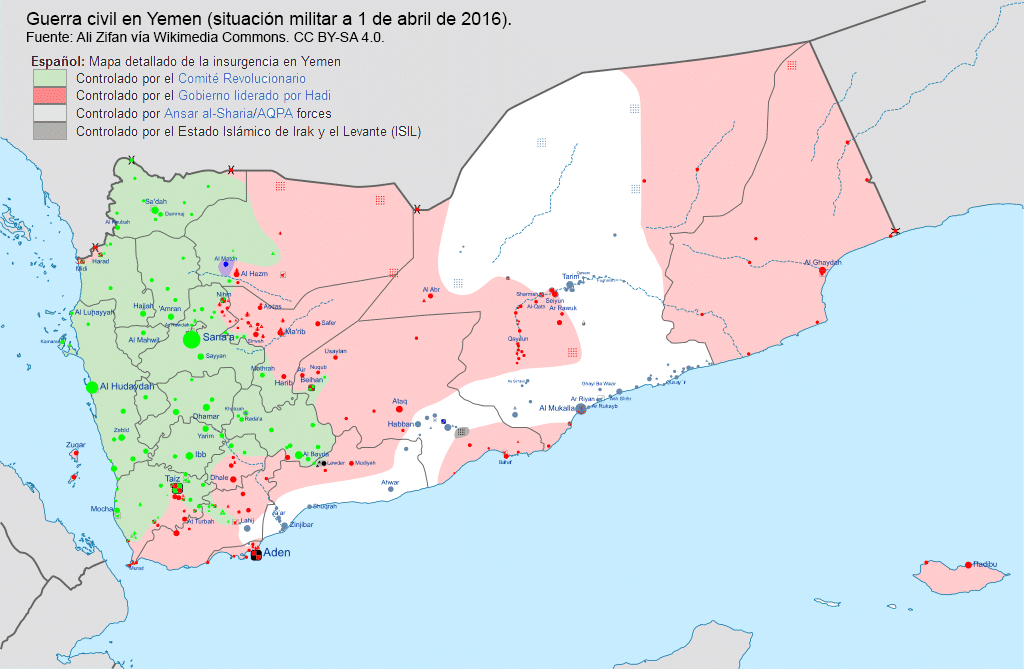 Guerra civil en Yemen. Situación militar a 1 de abril de 2016. Fuente: Ali Zifan vía Wikimedia Commons. Licencia Creative Commons Reconocimiento-CompartirIgual. Blog Elcano