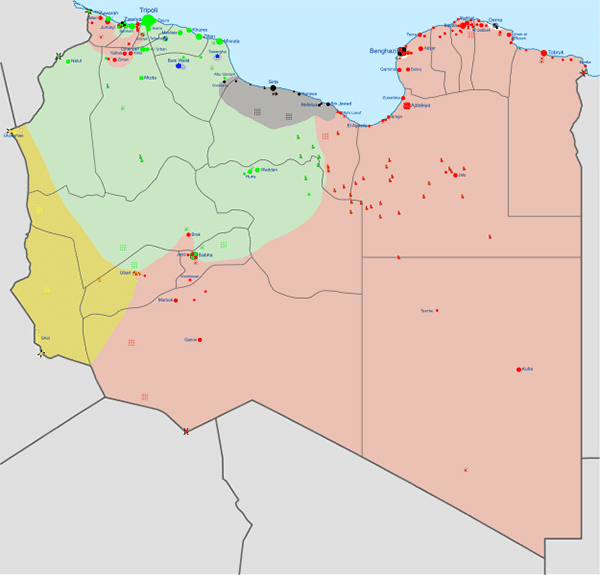 No esperen buenas noticias de Libia en los próximos meses (como poco). Mapa de las facciones en Libia a febrero de 2016.