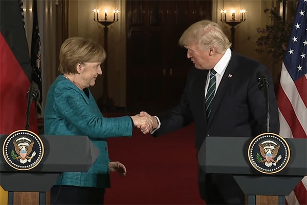 Germany and Trump-America: back on track? Angel Merkel and Donald Trump shaking hands at a joint press conference.