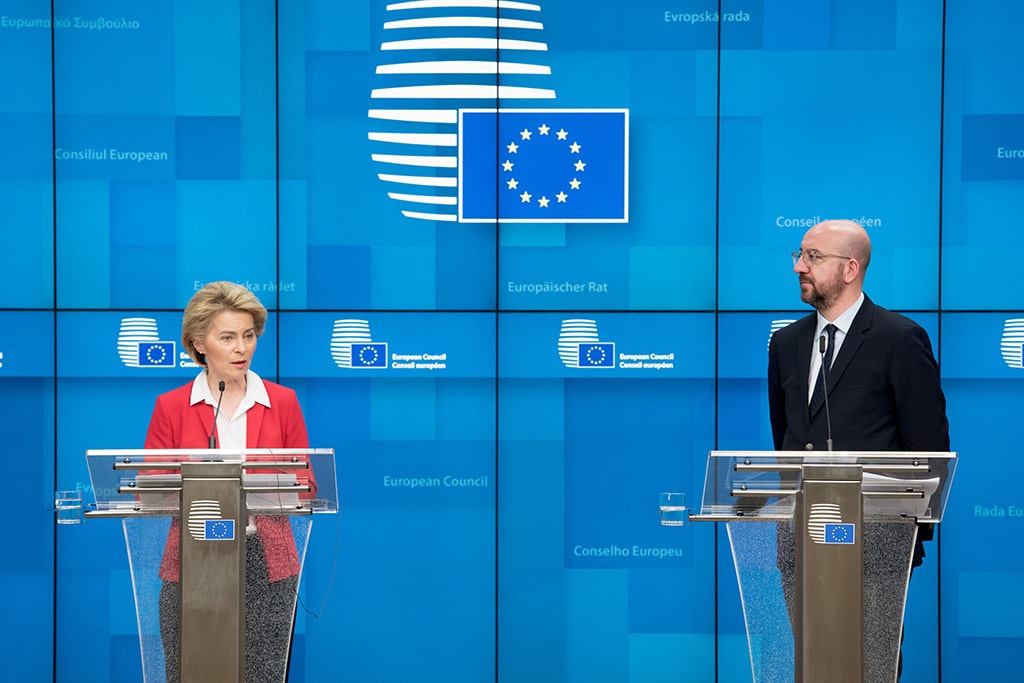 Press conference by Ursula von der Leyen, President of the European Commission, and Charles Michel, President of the European Council, following the European Leaders' video conference (EUCO) on COVID-19 (17/3/2020). Photo: Etienne Ansotte / EC – Audiovisual Service, ©European Union, 2020. Elcano Blog